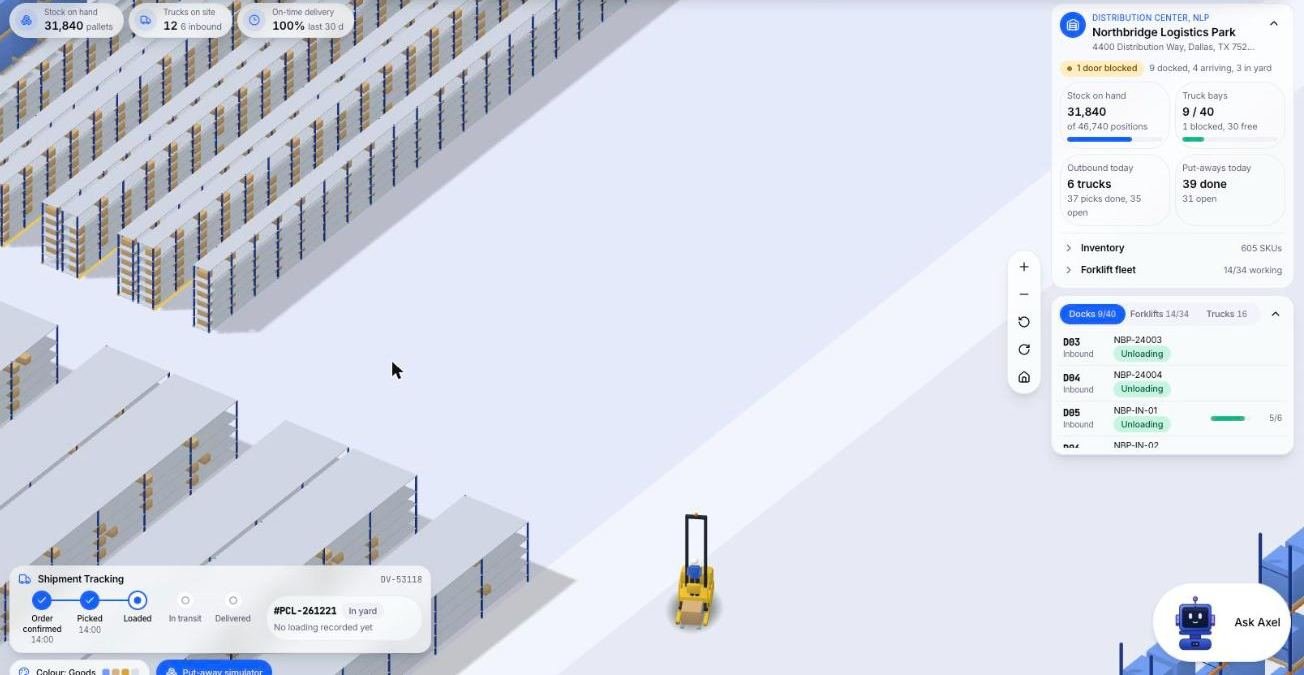 3D warehouse management system rack view of shelving rows with cartons, an open aisle and a forklift carrying a put-away task tag (demo data)