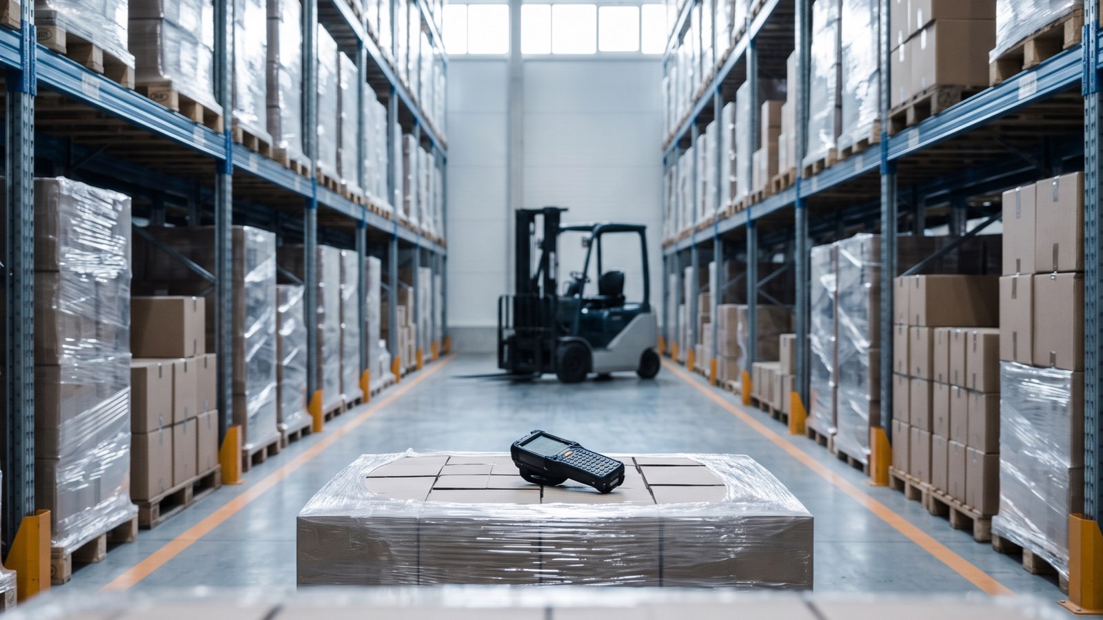 A tall warehouse aisle between pallet racking, with a forklift in the distance and a handheld scanner on a shrink-wrapped pallet in the foreground.